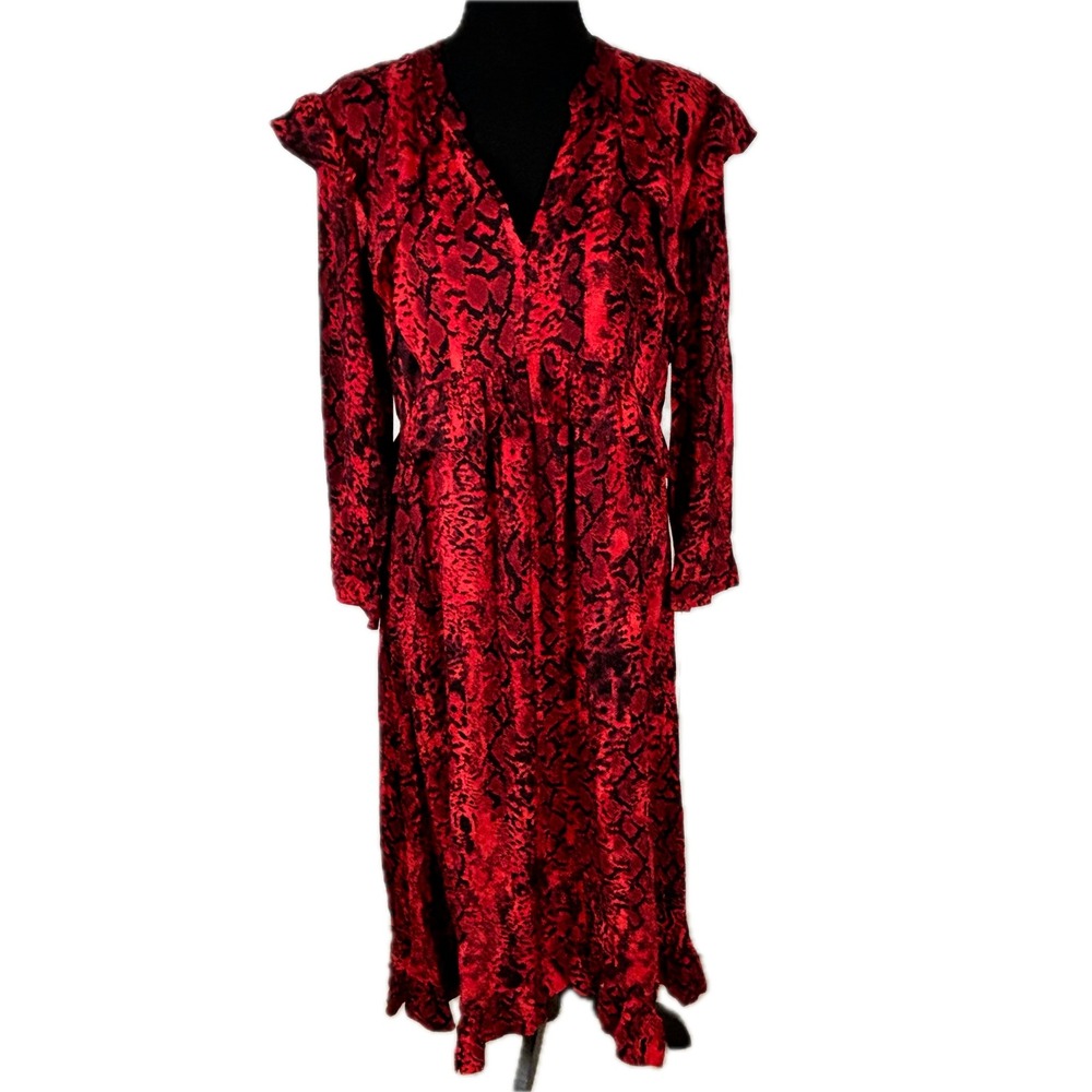 ba&sh Red Black Snakeskin Print Ruffle Shoulder V-Neck Midi Lady Dress Size M